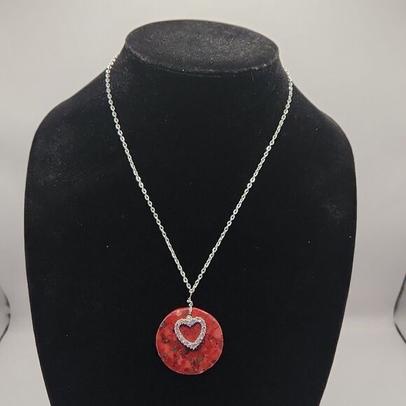 Repurposed Handcrafted Silver link chain with red stone and pink rhineston heart - Picture 3 of 9